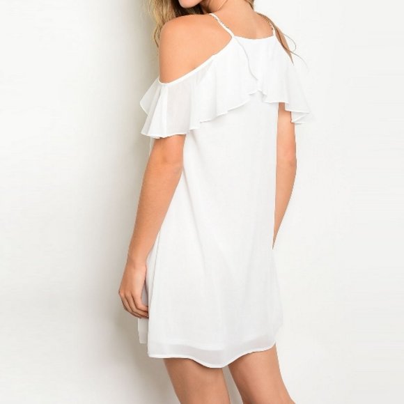 White Cold Shoulder Ruffle Shift Dress - Picture 2 of 8